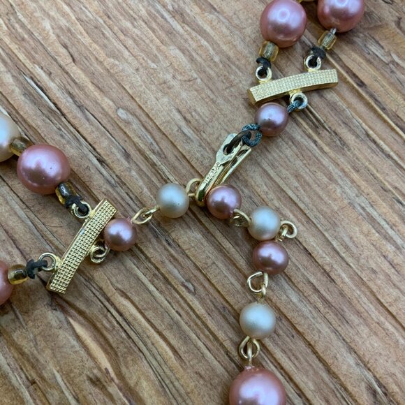 Japan Vintage Double Strands Pink Champagne Beaded Gold Tone Hook Clasp Necklace - Picture 4 of 5